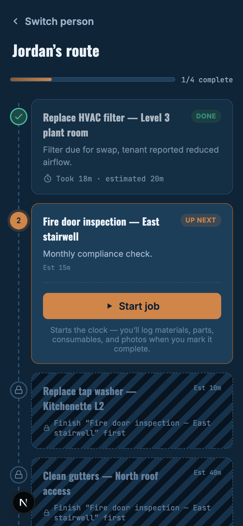 A field tech's schedule in SNAG — one job done, one up next, two locked until it's finished